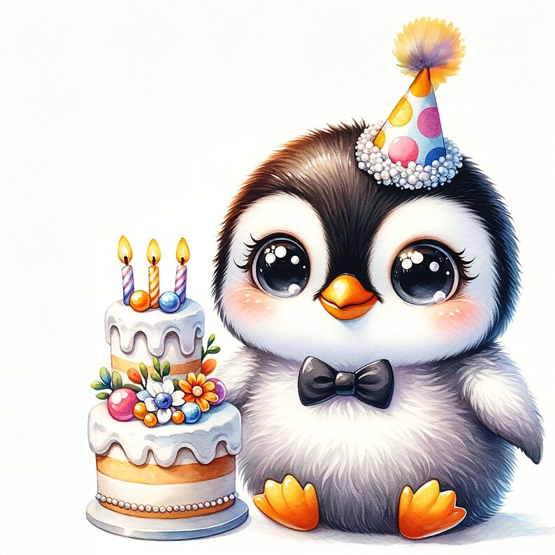 May include: A cute cartoon penguin wearing a colorful party hat and a black bow tie, standing next to a two-tiered birthday cake with candles and colorful decorations.