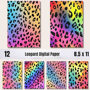 Op de afbeelding: Twaalf digitale papieren met een luipaardprintpatroon op een regenboogkleurige gradiëntachtergrond. De papieren zijn 8,5 inch bij 11 inch.