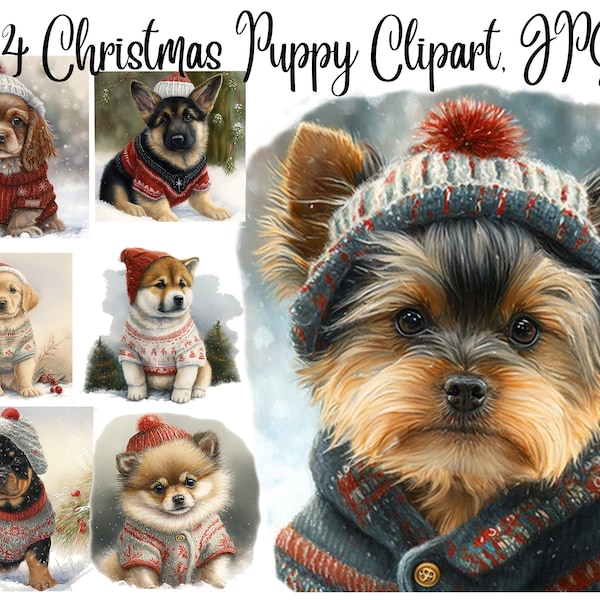 14 Christmas Puppy Clipart, JPGs, Commercial use, Digital Download,Watercolor Clipart,Card Making,Clip Art,Digital Paper Craft