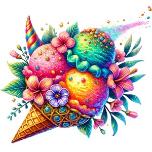 K&ouml;nnte beinhalten: Ein bunter Eiswaffel mit drei Kugeln Eis: rosa, gr&uuml;n und gelb. Das Eis ist mit Streuseln und Glitzer verziert. Die Waffel ist von tropischen Blumen und Bl&auml;ttern umgeben.