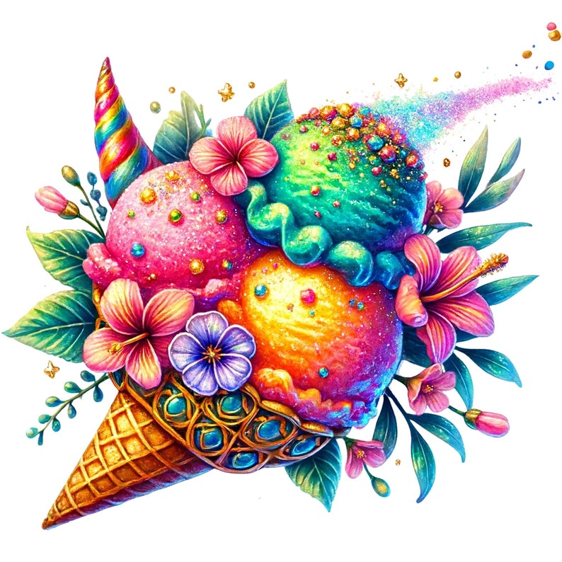 K&ouml;nnte beinhalten: Ein bunter Eiswaffel mit drei Kugeln Eis: rosa, gr&uuml;n und gelb. Das Eis ist mit Streuseln und Glitzer verziert. Die Waffel ist von tropischen Blumen und Bl&auml;ttern umgeben.