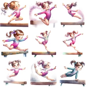 Puede incluir: Nueve ilustraciones de j&oacute;venes gimnastas realizando ejercicios en una viga de equilibrio. Las gimnastas llevan leotardos rosas con purpurina y est&aacute;n en varias poses. Las vigas de equilibrio son de madera marr&oacute;n.