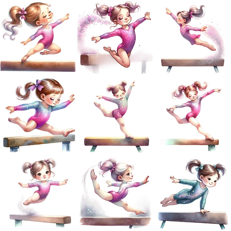 Puede incluir: Nueve ilustraciones de j&oacute;venes gimnastas realizando ejercicios en una viga de equilibrio. Las gimnastas llevan leotardos rosas con purpurina y est&aacute;n en varias poses. Las vigas de equilibrio son de madera marr&oacute;n.