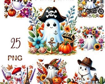 25 PNG,Watercolor Cute Ghost Clipart bundle,Halloween Clipart Bundle,Cute Ghost PNG,Fall PNG,Pumpkins,Autumn Sublimation Design,Trending png