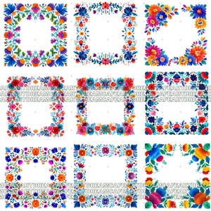 May include: Nine vibrant floral frame designs. Each frame has a square or rectangular shape, decorated with colourful flowers in shades of blue, orange, red, and pink, set against a white background.