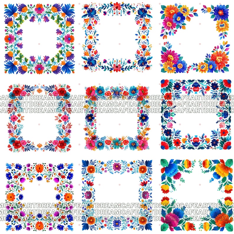 May include: Nine vibrant floral frame designs. Each frame has a square or rectangular shape, decorated with colourful flowers in shades of blue, orange, red, and pink, set against a white background.