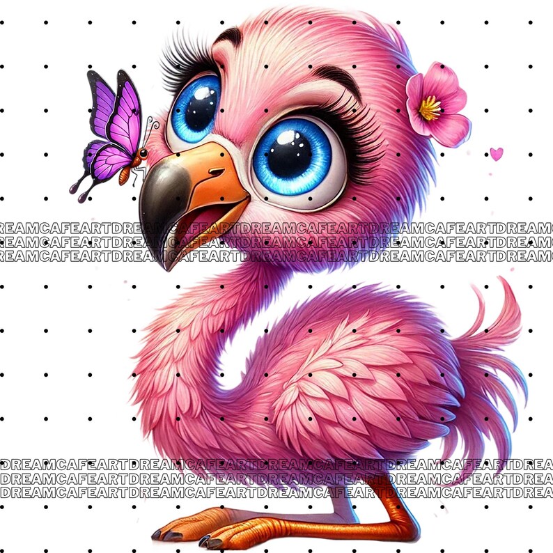 Op de afbeelding: Een roze flamingo met grote blauwe ogen en lange wimpers. De flamingo heeft een roze bloem op zijn kop en een paarse vlinder zit bij zijn snavel.