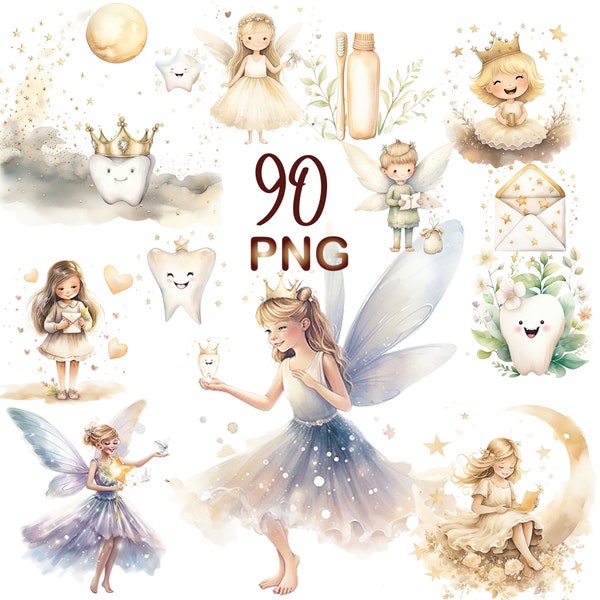 90 PNG Tooth fairy clipart, Watercolor fairy characters clipart, Little fairy tale characters, Baby tooth, Milk tooth, Wings, Fairy tale