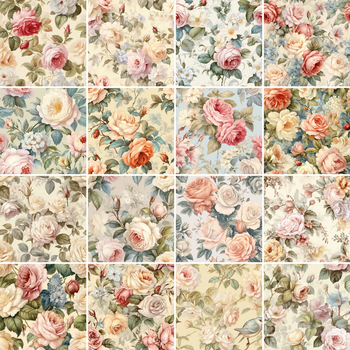 25 Vintage Flowers Seamless Digital Paper, Shabby Chic Floral Seamless ...