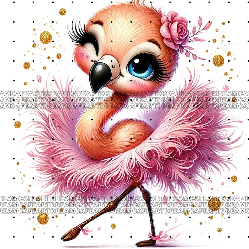Op de afbeelding: Een roze flamingo met grote blauwe ogen en lange wimpers, die een roze tutu en een bloemenkroon draagt. De flamingo staat op &eacute;&eacute;n poot en heeft zijn andere poot naar voren gestrekt. De achtergrond is wit met gouden glitterdots.