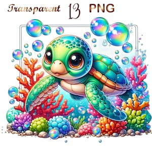 May include: A cartoon illustration of a green and blue sea turtle swimming in the ocean. The turtle is surrounded by coral reefs, bubbles, and colorful stones.