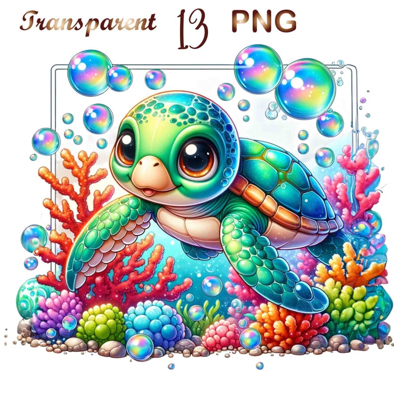 May include: A cartoon illustration of a green and blue sea turtle swimming in the ocean. The turtle is surrounded by coral reefs, bubbles, and colorful stones.