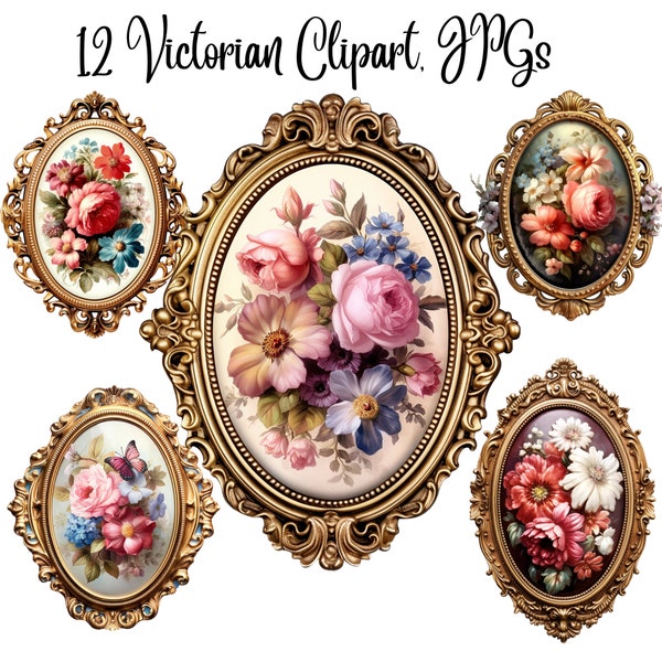 12 Victorian Flowers Clipart, JPGs, Commercial use, Digital Download, Card Making, Mixed Media, Digital Craft, Watercolor clipart