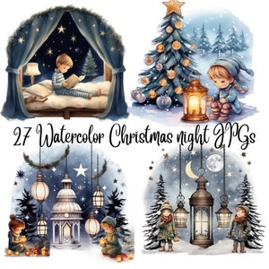 27 jpg's, aquarel kerstnacht clipart, commercieel gebruik, digitale download, kerst clipart, winter clipart, vakantie clipart, kerst