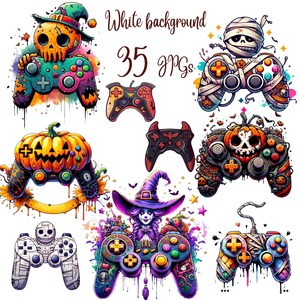 May include: A set of 35 digital illustrations featuring Halloween-themed video game controllers. The controllers are decorated with pumpkins, skulls, mummies, and witches. The background is white.