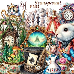 41 PNG Wonderland Clipart bundle, set 1, Whimsical Fantasy Illustrations Designs,Magical World Art,Digital Download,Unlimited Commercial Use