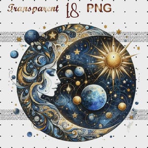 18 Mystical Moon Clipart,Fantasy style,Magical clipart, Clipart Bundle PNG, Wiccan, Mystical clipart, Pagan clipart, Commercial use