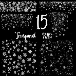 May include: A set of 15 transparent PNG images featuring various snowflake designs on a black background. The images are perfect for adding a festive touch to your digital projects.