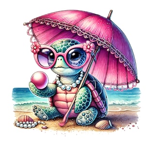 May include: A cartoon turtle wearing pink sunglasses and a pearl necklace sits on a beach with a pink umbrella. The turtle is holding a pink ball in its left hand.