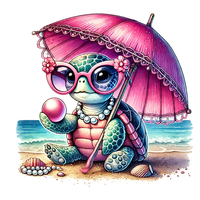 May include: A cartoon turtle wearing pink sunglasses and a pearl necklace sits on a beach with a pink umbrella. The turtle is holding a pink ball in its left hand.