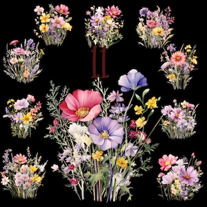 以下が含まれることがあります： ピンク、紫、黄色の花束の水彩画。緑色の茎と葉があります。花は「11」の数字の周りに円形に配置されています。