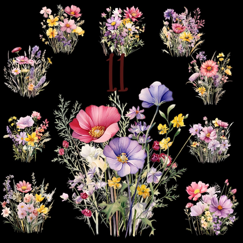 以下が含まれることがあります： ピンク、紫、黄色の花束の水彩画。緑色の茎と葉があります。花は「11」の数字の周りに円形に配置されています。