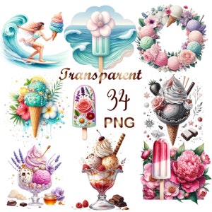 34 PNG, Aquarell Eis Clipart Bündel, Eis Clipart Bündel, Eis Clipart, Sommer Eis am Stiel Clipart Bündel, Blumen Eiscreme