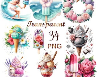 34 PNG、水彩アイスクリームクリップアートバンドル、アイスクリームクリップアートバンドル、アイスクリームクリップアート、夏のアイスキャンデークリップアートバンドル、花のアイスクリーム