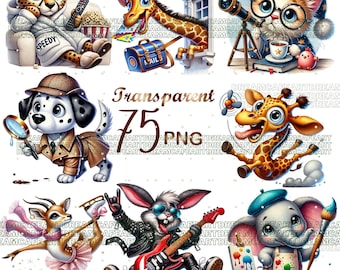 75 PNG Quirky Animals Clipart | Funny Cartoon Creatures | Cute Watercolor Animal Characters | Kids Crafts & Sublimation | Digital Download