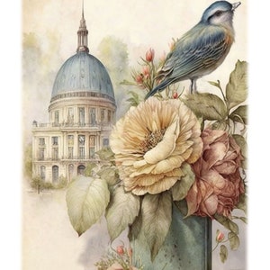 May include: A watercolor painting of a blue bird perched on a bouquet of yellow and pink roses in a blue tin vase. The background features a vintage building with a dome.