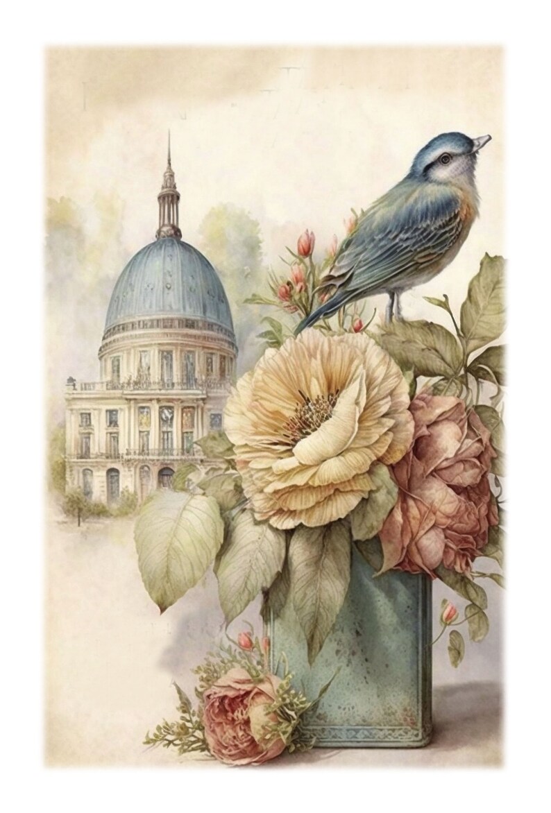 May include: A watercolor painting of a blue bird perched on a bouquet of yellow and pink roses in a blue tin vase. The background features a vintage building with a dome.