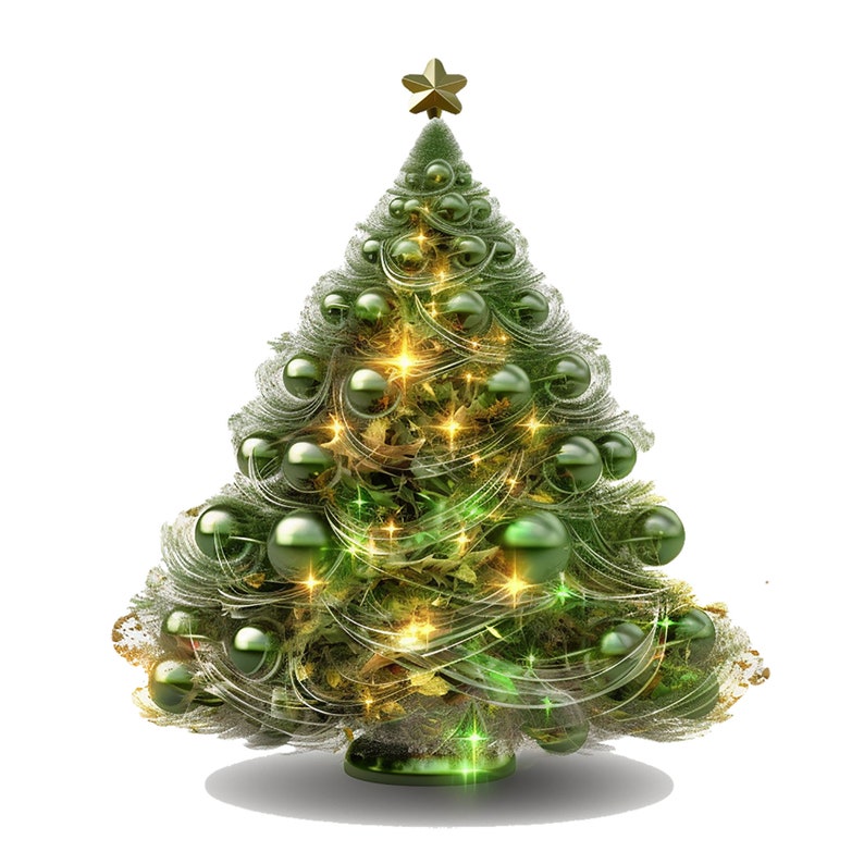 Pode incluir: Uma &aacute;rvore de Natal verde decorada com luzes douradas e bolas verdes. A &aacute;rvore tem uma estrela dourada no topo.