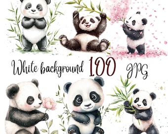 Watercolor Baby Panda Clipart bundle, 100 JPGs Cute panda, Commercial Use, Digital Download