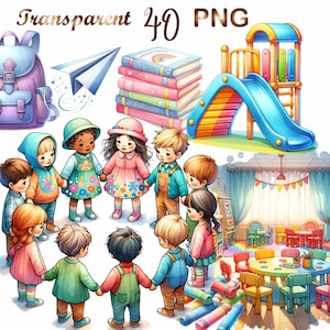 40 imágenes prediseñadas de guardería, imágenes prediseñadas de escuela primaria, imágenes prediseñadas de actividades infantiles en acuarela, manualidades para niños, escuela primaria, guardería png