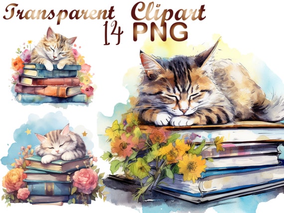 Watercolor Cat Books Pile Oil Painting Graphic by Prints and the