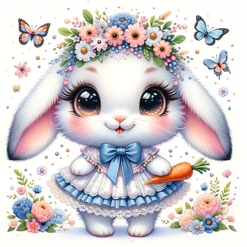 May include: A white bunny with big brown eyes wearing a blue and white dress and a flower crown. The bunny is holding a carrot in its right paw. The background is white with scattered flowers and butterflies.
