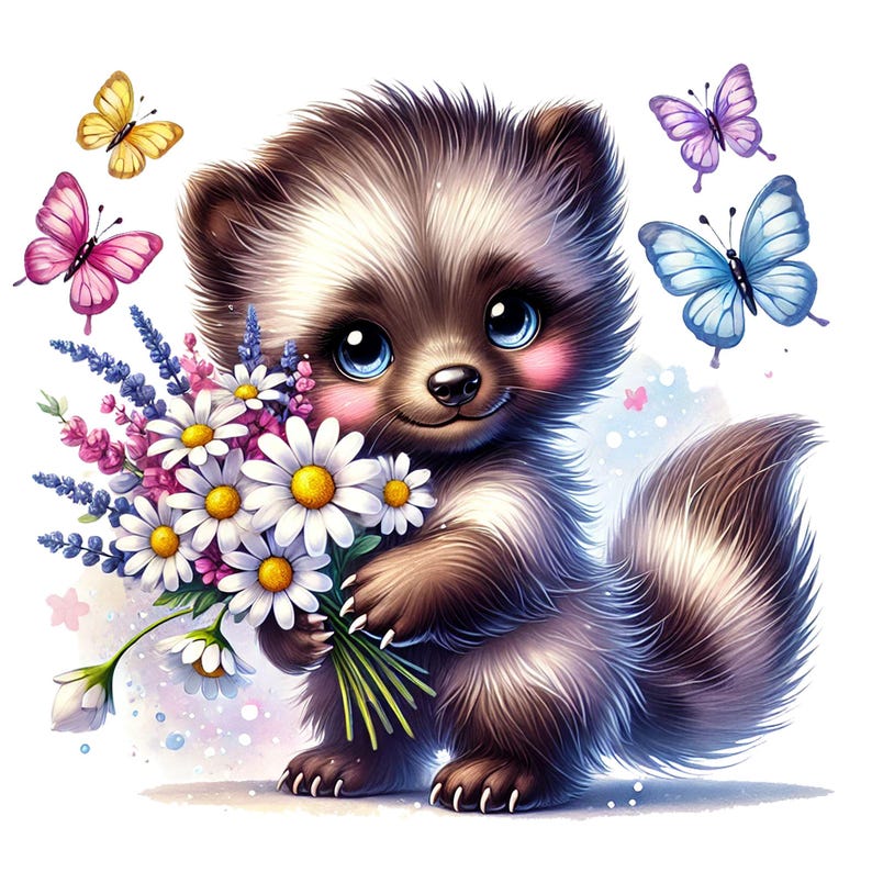 Op de afbeelding: Een schattige cartoon-wasbeer die een boeket witte madeliefjes en lavendelbloemen vasthoudt. De wasbeer heeft bruine vacht, een roze neus en grote blauwe ogen. Er zijn vlinders op de achtergrond.
