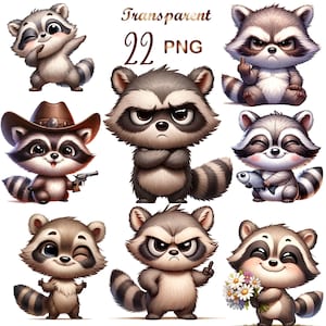 22 PNG, Raccoon Clipart bundle,  Raccoon Clipart, Funny Grumpy Animals Clipart, Happy  Raccoon, Funny Grumpy Raccoon clipart,Grumpy Raccoon