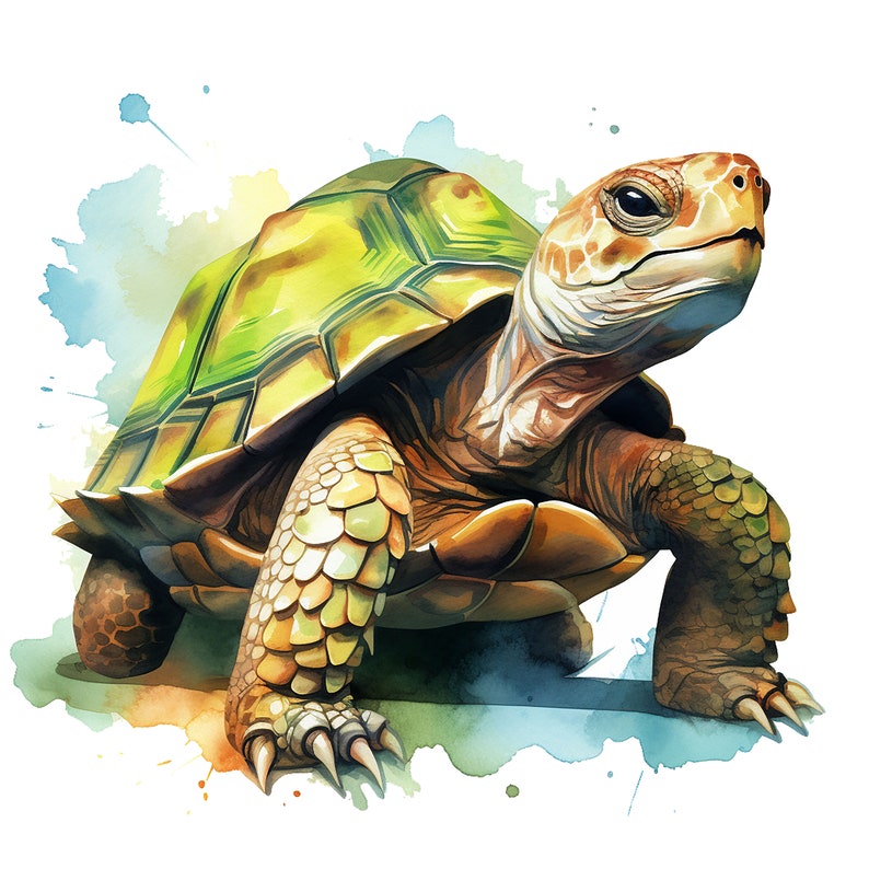 May include: A green and brown turtle with a patterned shell is walking on a watercolor background. The turtle has its head raised and is looking to the right.