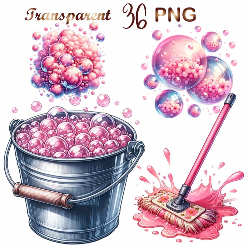 May include: A set of pink and white cleaning supplies, including a bucket filled with pink bubbles, a pink mop with a floral design, and a group of pink bubbles with floral designs.