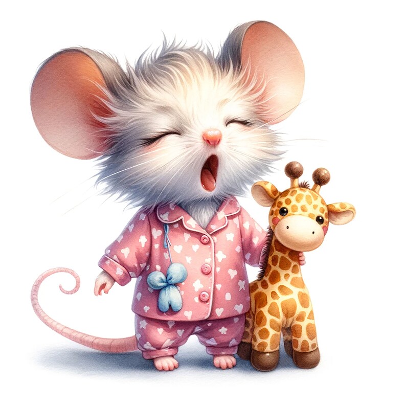 May include: A cute, white and gray mouse wearing pink pajamas with white hearts and a blue bow, yawns while holding a stuffed giraffe toy with brown spots.