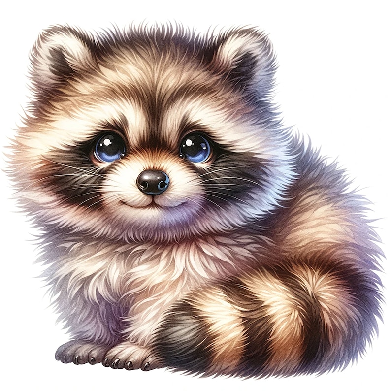 May include: A cute, fluffy raccoon with brown and black fur, big blue eyes, and a sweet expression. The raccoon is sitting on a white background.