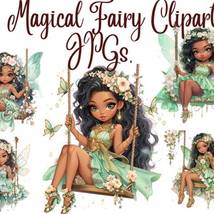 May include: Twelve digital illustrations of fairies with brown skin and long black hair. Each fairy is wearing a green dress with white flowers and has butterfly wings. The fairies are sitting on swings made of rope and wood.
