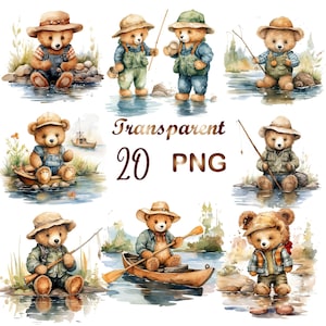 20 Watercolor Teddy bear fisherman clipart png, teddy bear clipart, watercolor bear, baby shower clipart, cute bear, digital download