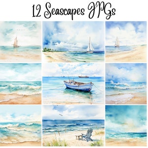 12 Clipart di paesaggi marini in formato JPG, alta qualità, planner digitale, lavoretti di carta, diari di carta riciclata, acquerello, paesaggio marino. Scena di spiaggia