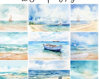 12 Seascape Clipart JPGs, High Quality, Digital Planner, Paper crafts, Junk Journals, Watercolor, Seaside landcape. Beach scene