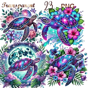 May include: Three digital illustrations of a sea turtle with a galaxy shell design. The turtle is surrounded by tropical flowers and leaves. The first image shows the turtle swimming in the ocean. The second image shows the turtle swimming in the ocean with a full moon in the background. The third image shows the turtle swimming in the ocean with a full moon and stars in the background.