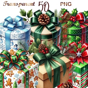50 PNG Christmas Presents Clipart bundle, set 2, Festive Gift Illustrations designs,Instant Digital Download,Unlimited Commercial Use Crafts