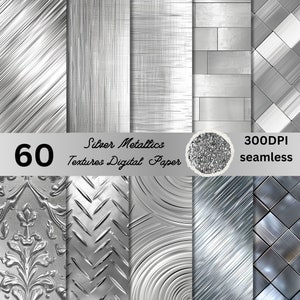 60 Silber Metallics digitale Papiere, gebürstetes Metall und Messing digitale Papiere, Metallics digitales Papier, Silber Metallics Tapete, Metallic Muster