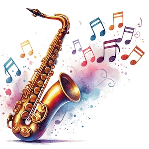Op de afbeelding: Een gouden saxofoon met een aquarel achtergrond en kleurrijke muzieknoten. De saxofoon is een koperen instrument met een bel en toetsen.